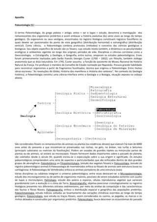 Apostila
Paleontologia (1) ------------------------------------------------------------------------------------------------------------------------------------O termo Paleontologia, do grego palaios = antigo; ontos = ser e logos = estudo, denomina a investigação dos
remanescentes dos organismos pretéritos e assim embasar a história evolutiva dos seres vivos ao longo do tempo
geológico. Os organismos ou seus vestígios, encontrados no registro litológico constituem registros fossilíferos os
quais devem ser posicionados do ponto de vista geográfico (distribuição horizontal) e estratigráfico (distribuição
vertical). Como ciência, a Paleontologia combina protocolos (métodos) e conceitos das ciências geológicas e
biológicas. Seu objeto específico de estudo são os fósseis, cujo estudo revela também, a dinâmica e as peculiaridades
ecológicas e ambientais vigentes ao longo dos originais períodos de vida. Disciplinas e ciências correlatas como a
Geocronologia, a Estratigrafia, a Geologia, a Geografia, entre outras, amparam os estudos paleontológicos. Esses
foram primeiramente realizados pelo barão francês Georges Cuvier (1769 – 1832); um filósofo, também zoólogo
anatomista que se dizia naturalista. Em 1795, Cuvier assumiu a função de assistente do Museu Nacional de História
Natural da França. Foi professor e membro do Conselho de Estado nomeado por Napoleão. Possuía grande habilidade
para reconstruir organismos a partir de fragmentos fossilizados, técnica que originou a Paleontologia. Entre muitas
obras escreveu: "As revoluções do Globo; História dos mamíferos e História dos cetáceos". No contexto da Geologia
histórica, a Paleontologia constitui uma ciência-interface entre a Geologia e a Biologia, situação exposta no esboço
abaixo.

São considerados fósseis os remanescentes de animais ou plantas (ou evidências desses) que viveram há mais de 6000
anos antes do presente e que encontram-se preservados nas rochas, no gelo, no âmbar, nas turfas e betumes
(principais substratos ou matrizes da fossilização). Podem ser ossadas de grandes répteis ou minúsculas partes de
plantas ou de animais, só visíveis ao microscópio. Fósseis fornecem dados importantes sobre o passado do planeta;
são coletados desde o século XII, quando iniciou-se a especulação sobre a sua origem e significado. Os estudos
paleontológicos compreendem uma série de aspectos e particularidades que são enfocados dentro de dois grandes
grupos de abrangência: Paleobotânica ou Fitopaleontologia, (estudo dos vegetais fósseis) e Paleozoologia, (estudo do
registro paleontológico animal) A Paleozoologia de Invertebrados enfoca os fósseis de animais sem estrutura óssea ou
cartilaginosa. A Paleozoologia de Vertebrados enfoca os animais portadores de uma estrutura óssea
Várias disciplinas ou subáreas integram o universo paleontológico, entre essas destacam-se: a Micropaleontologia:
estudo dos microorganismos ou de partes de organismos maiores, possíveis de serem estudados somente com auxílio
de lupas e microscópios; Palinologia, estudo dos polens e esporos, células reprodutoras vegetais que variaram
grandemente com a evolução e o clima da Terra; Bioestratigrafia; objetiva posicionar cronologicamente os registros
litológicos presentes nos diferentes estratos sedimentares, por meio da análise da composição e das características
das faunas e floras fósseis; Paleogeografia; enfoca a distribuição espacial e geográfica das populações pretéritas;
Paleoclimatologia; estuda indícios voltados ao levantamento das variações climáticas ocorridas ao longo do tempo
geológico; Paleoicnologia, que estuda os traços fósseis, assim considerados os rastros, as pegadas, as marcas e os
ninhos deixados e construídos por organismos pretéritos. Paleoecologia; busca descrever os ecossistemas do passado

 