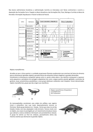 Nas bacias sedimentares brasileiras a sedimentação marinha se intercalava com fácies continentais e ocorria a
deposição das formações Faro e Tapajós na Bacia Amazônica, das formações Poti, Piauí, Batinga e Curitiba na Bacia do
Parnaíba e formações Aquidauana e Itararé na Bacia do Paraná.

Répteis mamaliformes
Acredita-se que o clima quente e a umidade propiciavam florestas exuberantes que serviriam de fonte de alimento
para os dinossauros (grandes répteis), que pela fartura de alimentos tinham chegaram a grandes dimensões.
Inicialmente os dinossauros competiam apenas entre si, porém ainda sobre o seu domínio começavam a aparecer
seres pequenos e portadores de vantagens adaptativas tais como: sangue quente, grande agilidade e acúmulos de
gordura; essas características possibilitava a esse grupo desbravar ambientes mais inóspitos. Foram denominados
répteis mamaliformes, grupo que deu origem aos mamíferos.

Répteis mamaliformes (Sinapsídeos)
(A) Edaphosauro
(B) Varanosauro

A

B

Os temnospôndilos constituíam uma ordem de anfíbios cujo registro
inicial é carbonífero mas cujo maior desenvolvimento ocorreu no
Permiano. Neste grupo destaca-se o Cacops , forma que viveu no sul dos
Estados Unidos com boa adaptação à vida terrestre. Parecia muito com
os répteis, seu corpo era protegido por um revestimento de placas ósseas
que cobriam a coluna vertebral e formavam uma protuberância robusta.
O grupo foi extinto ao final do cretáceo, possivelmente vítima dos
mesmos eventos que dizimaram os grandes répteis.

 