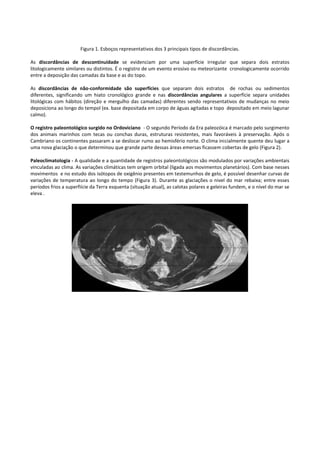 Figura 1. Esboços representativos dos 3 principais tipos de discordâncias.
As discordâncias de descontinuidade se evidenciam por uma superfície irregular que separa dois estratos
litologicamente similares ou distintos. É o registro de um evento erosivo ou meteorizante cronologicamente ocorrido
entre a deposição das camadas da base e as do topo.
As discordâncias de não-conformidade são superfícies que separam dois estratos de rochas ou sedimentos
diferentes, significando um hiato cronológico grande e nas discordâncias angulares a superfície separa unidades
litológicas com hábitos (direção e mergulho das camadas) diferentes sendo representativos de mudanças no meio
deposiciona ao longo do tempol (ex. base depositada em corpo de águas agitadas e topo depositado em meio lagunar
calmo).
O registro paleontológico surgido no Ordoviciano - O segundo Período da Era paleozóica é marcado pelo surgimento
dos animais marinhos com tecas ou conchas duras, estruturas resistentes, mais favoráveis à preservação. Após o
Cambriano os continentes passaram a se deslocar rumo ao hemisfério norte. O clima inicialmente quente deu lugar a
uma nova glaciação o que determinou que grande parte dessas áreas emersas ficassem cobertas de gelo (Figura 2).
Paleoclimatologia - A qualidade e a quantidade de registros paleontológicos são modulados por variações ambientais
vinculadas ao clima. As variações climáticas tem origem orbital (ligada aos movimentos planetários). Com base nesses
movimentos e no estudo dos isótopos de oxigênio presentes em testemunhos de gelo, é possível desenhar curvas de
variações de temperatura ao longo do tempo (Figura 3). Durante as glaciações o nivel do mar rebaixa; entre esses
períodos frios a superfiície da Terra esquenta (situação atual), as calotas polares e geleiras fundem, e o nível do mar se
eleva .

 