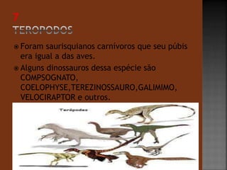 Foram saurisquianos carnívoros que seu púbis 
era igual a das aves. 
 Alguns dinossauros dessa espécie são 
COMPSOGNATO, 
COELOPHYSE,TEREZINOSSAURO,GALIMIMO, 
VELOCIRAPTOR e outros. 
 