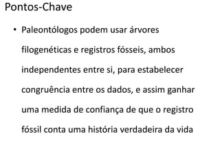 Pontos-Chave
• Paleontólogos podem usar árvores
filogenéticas e registros fósseis, ambos
independentes entre si, para estabelecer
congruência entre os dados, e assim ganhar
uma medida de confiança de que o registro
fóssil conta uma história verdadeira da vida
 