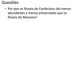 Questões
• Por que os fósseis do Cambriano são menos
abundantes e menos preservados que os
fósseis do Mioceno?
 