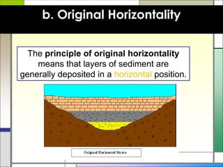 b. Original Horizontality
The principle of original horizontality
means that layers of sediment are
generally deposited in...