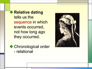 Relative dating
tells us the
sequence in which
events occurred,
not how long ago
they occurred.
Chronological order
- re...