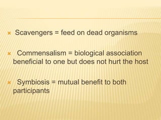  Scavengers = feed on dead organisms
 Commensalism = biological association
beneficial to one but does not hurt the host
 Symbiosis = mutual benefit to both
participants
 