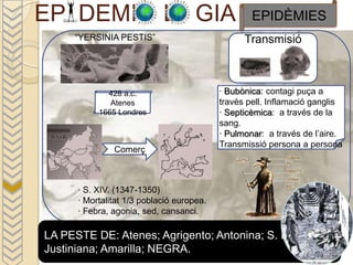 EP DEMI                     L GIA                  EPIDÈMIES
      “YERSINIA PESTIS”                          Transmisió



             428 a.c.                      · Bubònica: contagi puça a
              Atenes                       través pell. Inflamació ganglis
           1665 Londres                    · Septicèmica: a través de la
                                           sang.
                                           · Pulmonar: a través de l’aire.
                                           Transmissió persona a persona
               Comerç



      · S. XIV. (1347-1350)
      · Mortalitat 1/3 població europea.
      · Febra, agonia, sed, cansanci.

LA PESTE DE: Atenes; Agrigento; Antonina; S. III,
Justiniana; Amarilla; NEGRA.
 