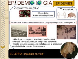 EP DEMI                        L GIA                   EPIDÈMIES
   MYCOBACTERIUM LEPRAE
                                                             Transmisió
                                 VI a.c. India
                            Preerradicació (12/any)


 Insensibilitat dolor – Debilitat muscular – Dany neurològic mmss - Desfiguració




  · S IV dc se contruyeron hospitales para leprosos.
  · Periode Medieval; portaven campaneta per avisar.
  · Existia prejudici cap aquests malalts degut al tractament
  desde la biblia, Hamlet, Shakespeare…


EL LEPRA “sepultats en vida”
 