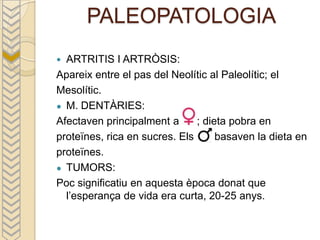 PALEOPATOLOGIA
 ARTRITIS I ARTRÒSIS:
Apareix entre el pas del Neolític al Paleolític; el
Mesolític.
● M. DENTÀRIES:
Afectaven principalment a d ; dieta pobra en
proteïnes, rica en sucres. Els     basaven la dieta en
proteïnes.
● TUMORS:
Poc significatiu en aquesta època donat que
  l’esperança de vida era curta, 20-25 anys.
 