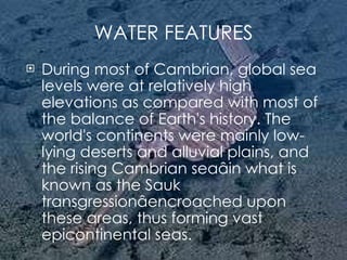 WATER FEATURES During most of Cambrian, global sea levels were at relatively high elevations as compared with most of the balance of Earth's history. The world's continents were mainly low-lying deserts and alluvial plains, and the rising Cambrian seaâin what is known as the Sauk transgressionâencroached upon these areas, thus forming vast epicontinental seas.  