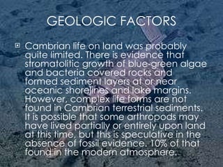GEOLOGIC FACTORS Cambrian life on land was probably quite limited. There is evidence that stromatolitic growth of blue-green algae and bacteria covered rocks and formed sediment layers at or near oceanic shorelines and lake margins. However, complex life forms are not found in Cambrian terrestrial sediments. It is possible that some arthropods may have lived partially or entirely upon land at this time, but this is speculative in the absence of fossil evidence. 10% of that found in the modern atmosphere. 