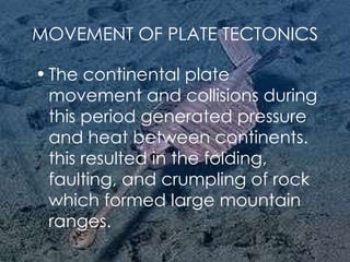 MOVEMENT OF PLATE TECTONICS The continental plate movement and collisions during this period generated pressure and heat between continents. this resulted in the folding, faulting, and crumpling of rock which formed large mountain ranges.  