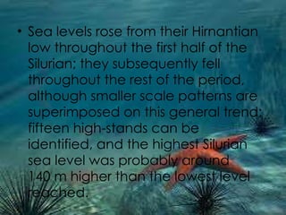 Sea levels rose from their Hirnantian low throughout the first half of the Silurian; they subsequently fell throughout the rest of the period, although smaller scale patterns are superimposed on this general trend; fifteen high-stands can be identified, and the highest Silurian sea level was probably around 140 m higher than the lowest level reached. 