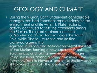 GEOLOGY AND CLIMATE During the Silurian, Earth underwent considerable changes that had important repercussions for the environment and life within it. Plate tectonic activity continued to shift the continents during the Silurian. The great southern continent of Gondwana drifted farther across the South Pole, while Siberia, Laurentia and Baltica clustered around the equator.Laurentia and Baltica collided at the end of the Silurian, forming a new supercontinent, Euramerica, and raising new mountain ranges. Rising sea level formed a nearly continuous sea from New York to Nevada, and other shallow seas still covered parts of other continents. 