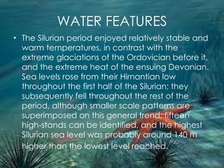 WATER FEATURES The Silurian period enjoyed relatively stable and warm temperatures, in contrast with the extreme glaciations of the Ordovician before it, and the extreme heat of the ensuing Devonian. Sea levels rose from their Hirnantian low throughout the first half of the Silurian; they subsequently fell throughout the rest of the period, although smaller scale patterns are superimposed on this general trend; fifteen high-stands can be identified, and the highest Silurian sea level was probably around 140 m higher than the lowest level reached.   