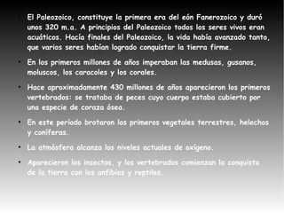 ●
    El Paleozoico, constituye la primera era del eón Fanerozoico y duró
    unos 320 m.a. A principios del Paleozoico todos los seres vivos eran
    acuáticos. Hacía finales del Paleozoico, la vida había avanzado tanto,
    que varios seres habían logrado conquistar la tierra firme.
●
    En los primeros millones de años imperaban las medusas, gusanos,
    moluscos, los caracoles y los corales.
●
    Hace aproximadamente 430 millones de años aparecieron los primeros
    vertebrados: se trataba de peces cuyo cuerpo estaba cubierto por
    una especie de coraza ósea.
●
    En este período brotaron los primeros vegetales terrestres, helechos
    y coníferas.
●
    La atmósfera alcanza los niveles actuales de oxígeno.
●
    Aparecieron los insectos, y los vertebrados comienzan la conquista
    de la tierra con los anfibios y reptiles.
 