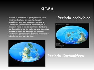 CLIMA

Durante el Paleozoico se produjeron dos crisis
climáticas bastante severas, la glaciación
                                                    Periodo ordovícico
ordovícica y otra más importante durante el
Carbonífero, probablemente provocada por la
migración hacia el sur del continente Gondwana,
que fue cubierto por los hielos durante bastantes
millones de años; sin embargo, las regiones
ecuatoriales permanecieron bastante templadas y
húmedas durante este período.




                                               Periodo Carbonífero
 