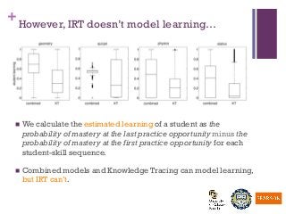 +However, IRT doesn’t model learning…
n  We calculate the estimated learning of a student as the
probability of mastery at the last practice opportunity minus the
probability of mastery at the first practice opportunity for each
student-skill sequence.
n  Combined models and Knowledge Tracing can model learning,
but IRT can’t.
 