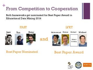 +
From Competition to Cooperation
Both frameworks got nominated for Best Paper Award in
Educational Data Mining 2014
José Yun Peter
Robert
Lindsey
Mohammad Rowan Robert Michael
Best Paper Award
and
FAST LFKT
Best Paper Nominated
 
