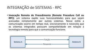 INTEGRAÇÃO	de	SISTEMAS	- RPC
• Invocação Remota de Procedimento (Remote Procedure Call ou
RPC): um sistema expõe suas funcionalidades para que sejam
acessadas remotamente por outros sistemas. Nesse estilo a
comunicação ocorre em tempo real, sincronamente e necessita que
os sistemas integrados possuam compatibilidade em relação à
tecnologia remota para que a comunicação funcione.
 