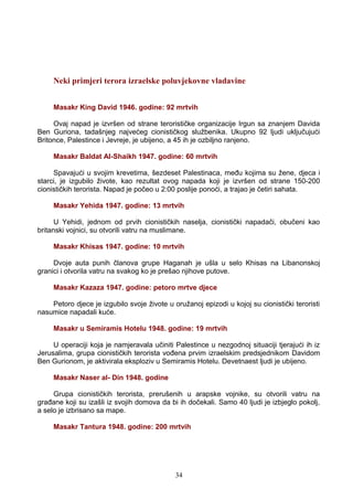 Neki primjeri terora izraelske poluvjekovne vladavine
Masakr King David 1946. godine: 92 mrtvih
Ovaj napad je izvršen od strane terorističke organizacije Irgun sa znanjem Davida
Ben Guriona, tadašnjeg najvećeg cionističkog službenika. Ukupno 92 ljudi uključujući
Britonce, Palestince i Jevreje, je ubijeno, a 45 ih je ozbiljno ranjeno.
Masakr Baldat Al-Shaikh 1947. godine: 60 mrtvih
Spavajući u svojim krevetima, šezdeset Palestinaca, među kojima su žene, djeca i
starci, je izgubilo živote, kao rezultat ovog napada koji je izvršen od strane 150-200
cionističkih terorista. Napad je počeo u 2:00 poslije ponoći, a trajao je četiri sahata.
Masakr Yehida 1947. godine: 13 mrtvih
U Yehidi, jednom od prvih cionističkih naselja, cionistički napadači, obučeni kao
britanski vojnici, su otvorili vatru na muslimane.
Masakr Khisas 1947. godine: 10 mrtvih
Dvoje auta punih članova grupe Haganah je ušla u selo Khisas na Libanonskoj
granici i otvorila vatru na svakog ko je prešao njihove putove.
Masakr Kazaza 1947. godine: petoro mrtve djece
Petoro djece je izgubilo svoje živote u oružanoj epizodi u kojoj su cionistički teroristi
nasumice napadali kuće.
Masakr u Semiramis Hotelu 1948. godine: 19 mrtvih
U operaciji koja je namjeravala učiniti Palestince u nezgodnoj situaciji tjerajući ih iz
Jerusalima, grupa cionističkih terorista vođena prvim izraelskim predsjednikom Davidom
Ben Gurionom, je aktivirala eksploziv u Semiramis Hotelu. Devetnaest ljudi je ubijeno.
Masakr Naser al- Din 1948. godine
Grupa cionističkih terorista, prerušenih u arapske vojnike, su otvorili vatru na
građane koji su izašli iz svojih domova da bi ih dočekali. Samo 40 ljudi je izbjeglo pokolj,
a selo je izbrisano sa mape.
Masakr Tantura 1948. godine: 200 mrtvih
34
 