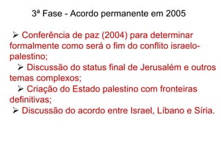 3ª Fase - Acordo permanente em 2005
 Conferência de paz (2004) para determinar
formalmente como será o fim do conflito israelo-
palestino;
 Discussão do status final de Jerusalém e outros
temas complexos;
 Criação do Estado palestino com fronteiras
definitivas;
 Discussão do acordo entre Israel, Líbano e Síria.
 
