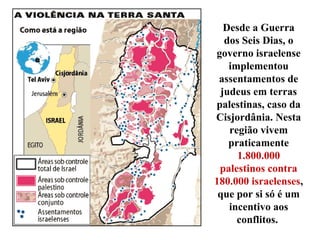 Desde a Guerra
dos Seis Dias, o
governo israelense
implementou
assentamentos de
judeus em terras
palestinas, caso da
Cisjordânia. Nesta
região vivem
praticamente
1.800.000
palestinos contra
180.000 israelenses,
que por si só é um
incentivo aos
conflitos.
 