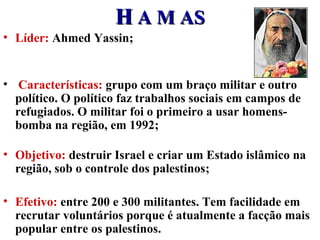 HH A M ASA M AS
• Líder: Ahmed Yassin;
• Características: grupo com um braço militar e outro
político. O político faz trabalhos sociais em campos de
refugiados. O militar foi o primeiro a usar homens-
bomba na região, em 1992;
• Objetivo: destruir Israel e criar um Estado islâmico na
região, sob o controle dos palestinos;
• Efetivo: entre 200 e 300 militantes. Tem facilidade em
recrutar voluntários porque é atualmente a facção mais
popular entre os palestinos.
 
