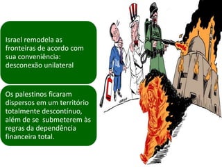 Israel remodela as
fronteiras de acordo com
sua conveniência:
desconexão unilateral


Os palestinos ficaram
dispersos em um território
totalmente descontínuo,
além de se submeterem às
regras da dependência
financeira total.
 