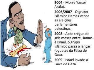 • 2004 - Morre Yasser
  Arafat.
• 2006/2007 - O grupo
  islâmico Hamas vence
  as eleições
  parlamentares
  palestinas.
• 2008 - Após trégua de
  seis meses entre Hamas
  e Israel, o grupo
  islâmico passa a lançar
  foguetes da Faixa de
  Gaza.
• 2009 - Israel invade a
  Faixa de Gaza.
 