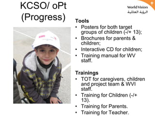 KCSO/ oPt
(Progress)   Tools
             • Posters for both target
               groups of children (-/+ 13);
             • Brochures for parents &
               children;
             • Interactive CD for children;
             • Training manual for WV
               staff.

             Trainings
             • TOT for caregivers, children
               and project team & WVI
               staff.
             • Training for Children (-/+
               13).
             • Training for Parents.
             • Training for Teacher.
 