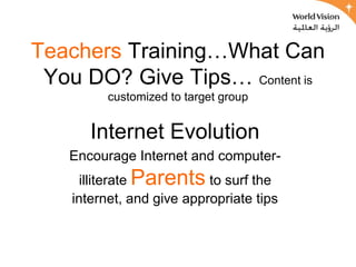 Teachers Training…What Can
 You DO? Give Tips… Content is
          customized to target group


       Internet Evolution
   Encourage Internet and computer-
      illiterate Parents to surf the
    internet, and give appropriate tips
 