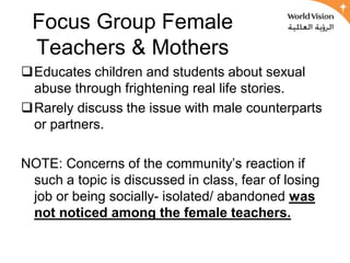 Focus Group Female
 Teachers & Mothers
Educates children and students about sexual
 abuse through frightening real life stories.
Rarely discuss the issue with male counterparts
 or partners.

NOTE: Concerns of the community’s reaction if
 such a topic is discussed in class, fear of losing
 job or being socially- isolated/ abandoned was
 not noticed among the female teachers.
 