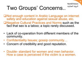 Two Groups’ Concerns..
Not enough content in Arabic Language on internet
 safety and education against sexual abuse, etc.
Negative Cultural Practices and Norms such as the
 fact that sex is a taboo; a topic rarely discussed.

• Lack of co-operation from different members of the
  community.
• Confidentiality Issues; gossip community…
• Concern of credibility and good reputation.

• Double- standard for women and men behavior.
  How a case is perceived if the victim is a women.
 