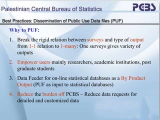 Why to PUF:
1. Break the rigid relation between surveys and type of output
from 1-1 relation to 1-many: One surveys gives ...
