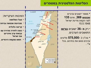 הפליטות הפלסטינית במספרים מספר יישובים ערביים  שננטשו   369 ,  מהם   135   לפני הקמת מדינת ישראל  15.5.1948 רק  מ  -36   ישובים  גורשו  התושבים הערבים . סה " כ  כ  - 575,000   פליטים ערבים נטשו את בתיהם ,  בכל א " י  . . הסיבות העיקריות :  סבל המלחמה מנהיגות שנטשה וברחה   קריסה כלכלית כוונה לחזרה מהירה עם צבאות ערב שיכריעו את ישראל חשש מנקמת היהודים . 