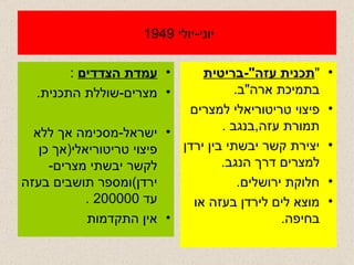 יוני - יולי  1949  עמדת הצדדים   : מצרים - שוללת התכנית . ישראל - מסכימה אך ללא פיצוי טריטוריאלי ( אך כן לקשר יבשתי מצרים - ירדן ) ומספר תושבים בעזה עד  200000 . אין התקדמות " תכנית עזה "- בריטית  בתמיכת ארה " ב . פיצוי טריטוריאלי למצרים תמורת עזה , בנגב  . יצירת קשר יבשתי בין ירדן למצרים דרך הנגב . חלוקת ירושלים . מוצא לים לירדן בעזה או בחיפה . 