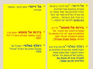 אל זייאד -   עתון לבנוני  , במאמר מערכת  . בירות אל מאסא   - עתון ערב לבנוני במאמר מערכת ביום  11  ליולי  1957 . ראלף גאלווי -   המנהל של סוכנות הסיוע של האו " ם  " אונרא " 1958 אל - זייאד - " נוכל להכיר בישראל תמורת בטחונות שכל הפליטים יוחזרו לבתיהם . מצד אחד נפתור כך את בעיית הפליטים ומצד שני ניצור רוב ערבי חזק בישראל ..... שיהווה  גיס חמישי  לקראת יום הנקמה ..."  בירות אל - מאסא "   כל דיון שמטרתו לפתור את הבעיה  של הפלסטינים אשר לא יהיה מבוסס על זכותם להשמדת ישראל יחשב כפגיעה  בכבוד הערבי ובגידה " .   ראלף גאלווי -" מדינות ערב אינן רוצות לפתור את בעיית הפליטים . הן רוצות להשאיר זאת כפצע פתוח  , כעלבון לאו " ם וכנשק נגד ישראל .  למנהיגי ערב לא אכפת אם הפליטים   יחיו או ימותו " . 