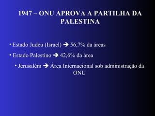 1947 – ONU APROVA A PARTILHA DA
PALESTINA
• Estado Judeu (Israel)  56,7% da áreas
• Estado Palestino  42,6% da área
• Jerusalém  Área Internacional sob administração da
ONU
 