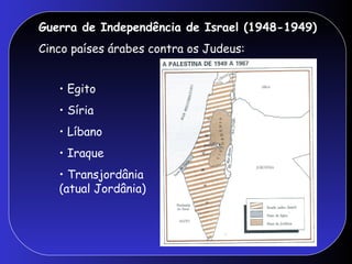 Guerra de Independência de Israel (1948-1949)
Cinco países árabes contra os Judeus:
• Egito
• Síria
• Líbano
• Iraque
• Transjordânia
(atual Jordânia)
 