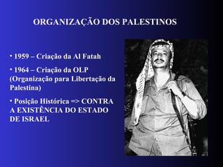• 1959 – Criação da Al Fatah
• 1964 – Criação da OLP
(Organização para Libertação da
Palestina)
• Posição Histórica => CONTRA
A EXISTÊNCIA DO ESTADO
DE ISRAEL
ORGANIZAÇÃO DOS PALESTINOS
 