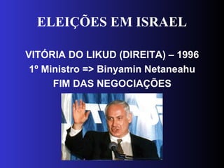 ELEIÇÕES EM ISRAEL
VITÓRIA DO LIKUD (DIREITA) – 1996
1º Ministro => Binyamin Netaneahu
FIM DAS NEGOCIAÇÕES
 