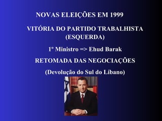 VITÓRIA DO PARTIDO TRABALHISTA
(ESQUERDA)
1º Ministro => Ehud Barak
RETOMADA DAS NEGOCIAÇÕES
(Devolução do Sul do Líbano)
NOVAS ELEIÇÕES EM 1999
 