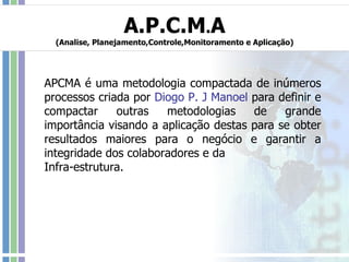 A.P.C.M . A (Analise, Planejamento,Controle,Monitoramento e Aplicação) APCMA é uma metodologia compactada de inúmeros processos criada por  Diogo P. J Manoel  para definir e compactar outras metodologias de grande importância visando a aplicação destas para se obter resultados maiores para o negócio e garantir a integridade dos colaboradores e da  Infra-estrutura. 