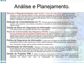 Análise e Planejamento. Normas e Regulamentações  (NBR ISO/IEC 17799, BS 7799, ISO):  Conhecer os principais institutos e os mais relevantes padrões e normas, atualmente é obrigação de um Security Officer. Este diferencial competitivo muitas vezes pode se tornar uma ameaça quando aplicado de maneira errônea. Entender estas normas, estudá-las e aplicá-las no dia-a-dia é o objetivo desta disciplina. Entre as normas que serão vistas estão a NBR ISO/IEC 17799:2005 e a BS 7799-2:2002. Detecção de Vulnerabilidades em TI:   Técnicas disponíveis para análises de risco em TI; como contratar, como apresentar, como analisar os resultados e, principalmente , como montar planos de ação para  mitigar os riscos.  Gestão de Risco em Segurança da Informação:  Detalhes jurídicos e que podem ser aplicados no dia-a-dia para que as corporações diminuam suas vulnerabilidades. Plano de Continuidade dos Negócios (PCM):  Processo que é um dos mais ricos em resultados para uma corporação, serve para identificar o ambiente crítico e os maiores impactos aos negócios, que poderão ser ocasionados por processos de negócios suportados por ativos. Entendê-los, mapear as ameaças e, principalmente, detalhar estes processos, suas autonomias e impactos é o objetivo desta disciplina, que realmente ensina como podemos fazer este tipo de trabalho sem necessitar de grandes ferramentas. Política de Segurança da Informação:  É usada para a montagem de uma política de SI, requisitos, necessidades, termos e outros; aderência às normas e padrões existentes; melhores práticas internacionais; como fazer, conscientizar, divulgar, aplicar controles e auditar aos usuários finais  . Classificação da Informação:  Classificar a informação é preciso. Apresentar as necessidades, conceitos e técnicas disponíveis para a realização deste processo que comumente é falho nas corporações. Os objetivos desta são muito necessários nos dias atuais nas empresas, porém, nem sempre as equipes conseguem identificar o caminho crítico e as técnicas simples que poderiam ser aplicadas para minimizar riscos corporativos. Gestão de Projetos(  PMI  ):  Aplicar as áreas de conhecimento do PMI para a gestão de projetos de segurança, considerando os caminhos críticos de um projeto de segurança a rigidez e muitas vezes confidencialidade necessária ao mesmo, bem como as necessidades de comunicação e confidencialidade.        