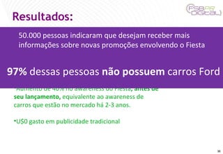 Resultados: 700 vídeos produzidos pelos agentes, com 4.800.000 de views no YouTube Fotos no Flickr com mais de 670.000 views Aumento de 40% no awareness do Fiesta ,   antes de seu lançamento,  equivalente ao awareness de carros que estão no mercado há 2-3 anos.  U$0 gasto em publicidade tradicional 50.000 pessoas indicaram que desejam receber mais informações sobre novas promoções envolvendo o Fiesta 97%  dessas pessoas  não possuem  carros Ford 