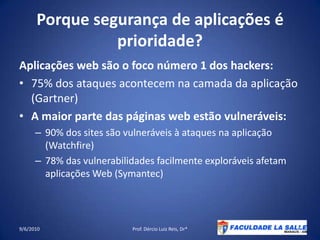 Porque segurança de aplicações é prioridade?Aplicações web são o foco número 1 dos hackers:75% dos ataques acontecem na camada da aplicação (Gartner)A maior parte das páginas web estão vulneráveis:90% dos sites são vulneráveis à ataques na aplicação (Watchfire)78% das vulnerabilidadesfacilmenteexploráveisafetamaplicações Web (Symantec)09/06/2010Prof. Dércio Luiz Reis, Dr*2