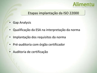 Gap Analysis Qualificação da ESA na interpretação da norma Implantação dos requisitos da norma Pré-auditoria com órgão certificador Auditoria de certificação Etapas implantação da ISO 22000 