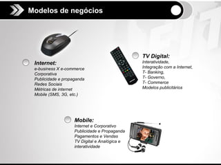 A interatividade
Modelos de negócios




                                               TV Digital:
 Internet:                                     Interatividade,
 e-business X e-commerce                       Integração com a Internet,
 Corporativa                                   T- Banking,
 Publicidade e propaganda                      T- Governo,
 Redes Sociais                                 T- Commerce
 Métricas de internet                          Modelos publicitários
 Mobile (SMS, 3G, etc.)




                    Mobile:
                    Internet e Corporativo
                    Publicidade e Propaganda
                    Pagamentos e Vendas
                    TV Digital e Analógica e
                    interatividade
 
