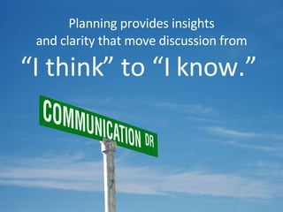 Planning provides insights  and clarity that move discussion from  “I think” to “I know.”  