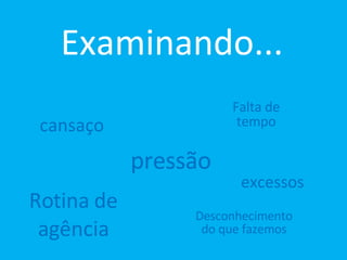 Examinando... cansaço Falta de tempo pressão excessos Rotina de agência Desconhecimento do que fazemos 